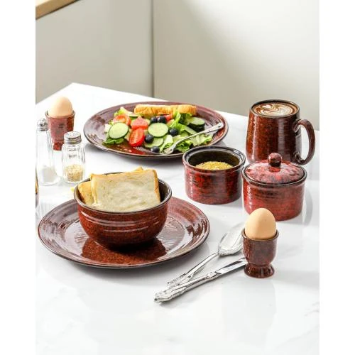 Détail de Assiettes en céramique rouge, lot de 4, micro-ondes, four, lave-vaisselle
