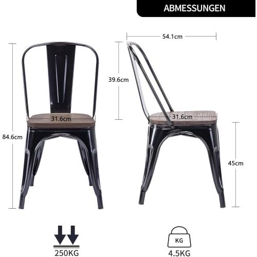 Zoom sur Chaise Métal Empilable, Bois Foncé, Bistrot, Salle à Manger