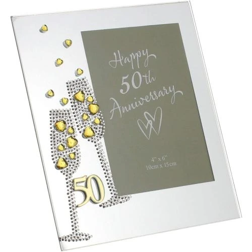 Strass flûtes Champagne 50e anniversaire mariage, cadre doré - Vue principale
