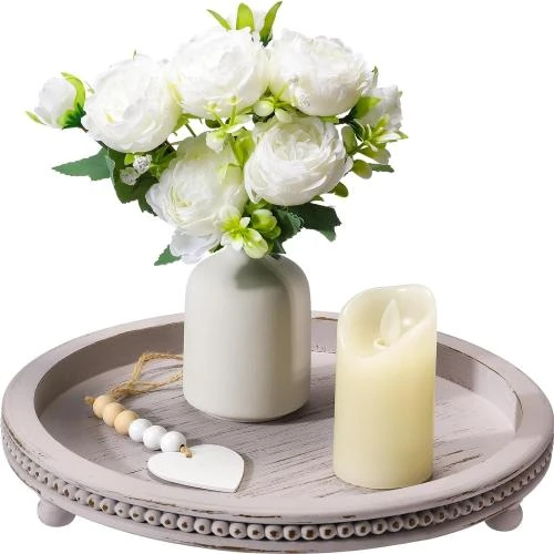 Plateau décoratif bois, rond gris, perles, table basse, salon - Vue principale