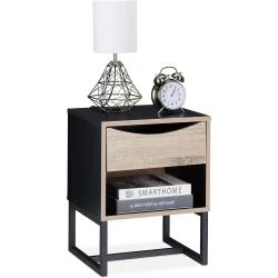 Table de Nuit Noir, Tiroir, Meuble d'Appoint, Métal, Aspect Bois