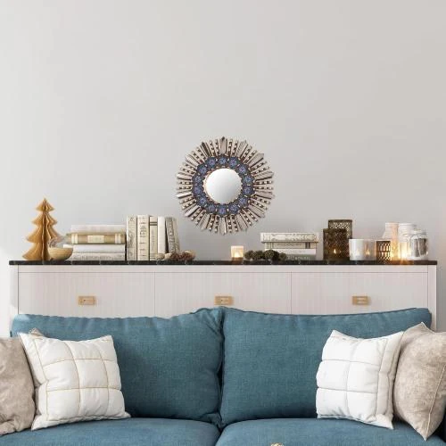 Zoom sur Miroir mural bois peint, motif floral, bleu métallisé