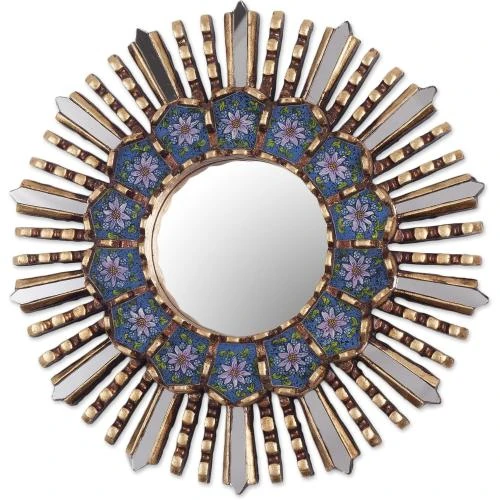 Miroir mural bois peint, motif floral, bleu métallisé - Vue principale