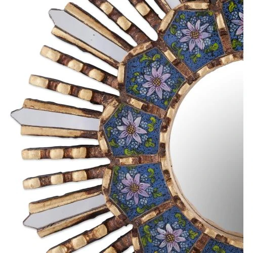 Détail de Miroir mural bois peint, motif floral, bleu métallisé