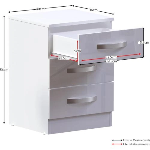 Zoom sur Table de nuit rectangulaire haute brillance, blanc, 3 tiroirs