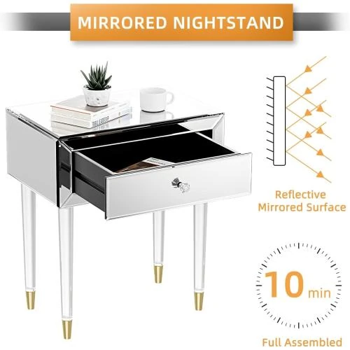 Zoom sur Table de chevet moderne Muiity, miroir, tiroir, argenté