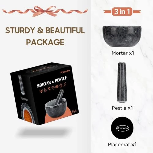 Zoom sur Mortier Pilon Marbre Noir Parmedu, Broyeur Épices Herbes