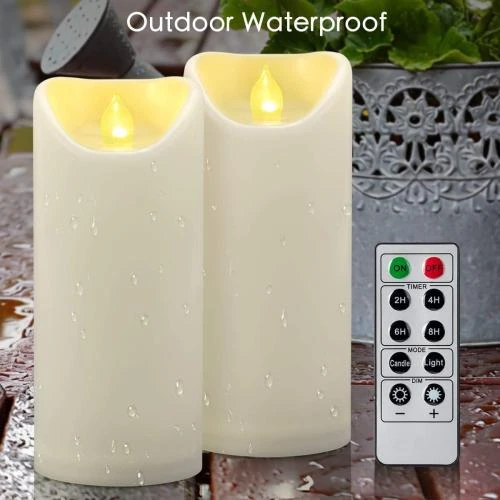 Zoom sur Bougies piliers LED étanches, télécommande, ivoire, 2 pièces