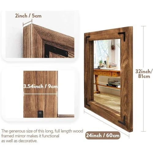 Zoom sur Miroir Mural Rustique YOSHOOT, Cadre Bois Naturel, Marron