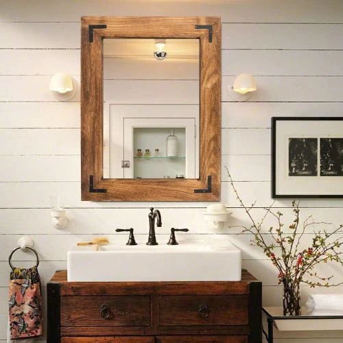Miroir Mural Rustique YOSHOOT, Cadre Bois Naturel, Marron - Vue principale