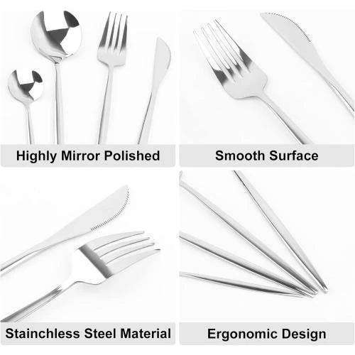 Zoom sur Couverts de Table 24 Pièces Inox Argent, Service 6 Personnes