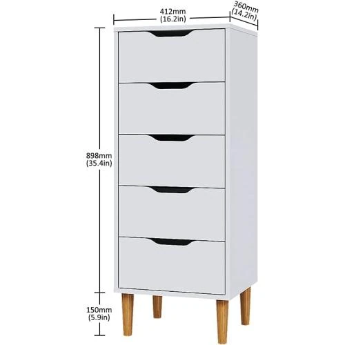 Zoom sur Table de Chevet Panana, Commode Bois, 5 Tiroirs, Blanc