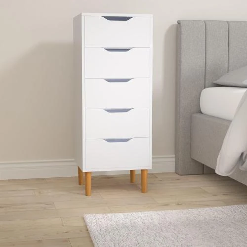 Détail de Table de Chevet Panana, Commode Bois, 5 Tiroirs, Blanc