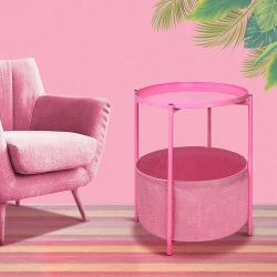 Table d'appoint ronde rose, rangement, plateau amovible