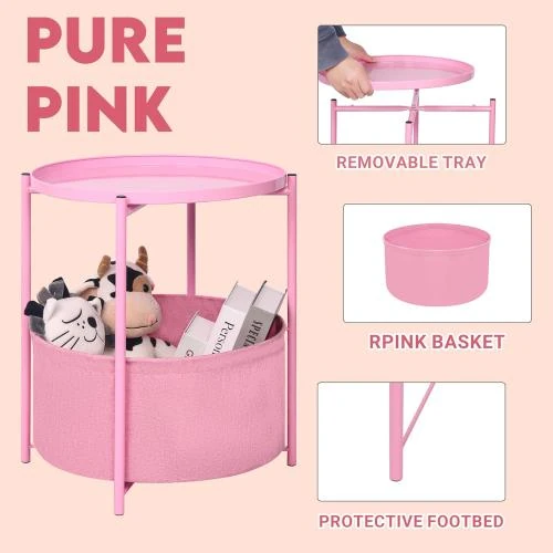 Zoom sur Table d'appoint ronde rose, rangement, plateau amovible