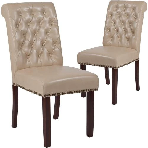 Chaises Parsons Souples Cuir Beige, Garniture Clous, Finition Noyer - Vue principale