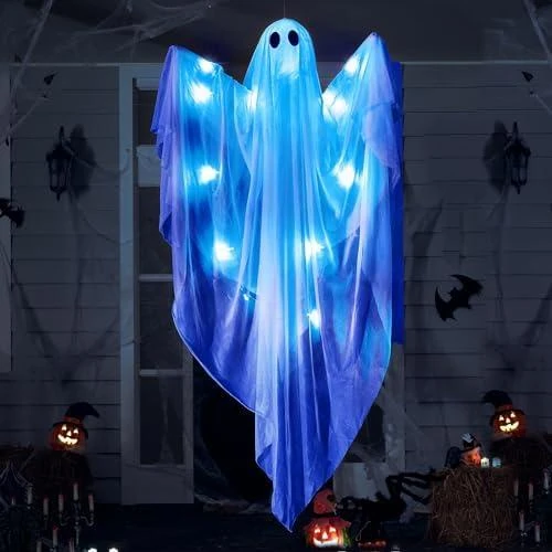 Fantôme Suspendu Halloween, Lumière LED Bleue, Décoration Effrayante - Vue principale