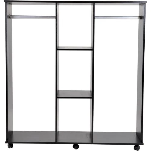 Zoom sur Armoire penderie mobile, meuble rangement, bois noir, 6 roulettes