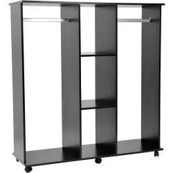 Armoire penderie mobile, meuble rangement, bois noir, 6 roulettes