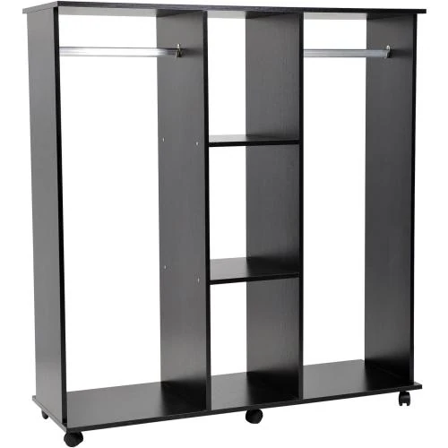 Armoire penderie mobile, meuble rangement, bois noir, 6 roulettes - Vue principale