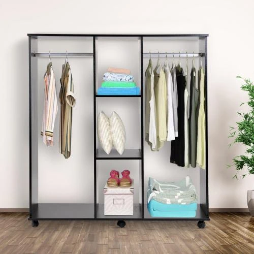 Détail de Armoire penderie mobile, meuble rangement, bois noir, 6 roulettes