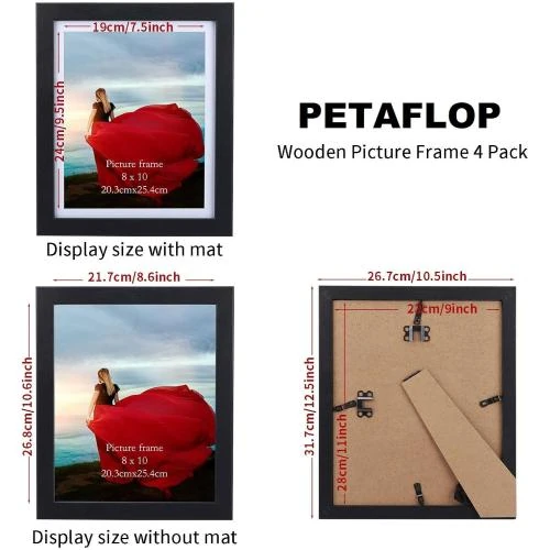 Zoom sur Cadre Photo Noir MDF, Lot de 4, Verre Véritable