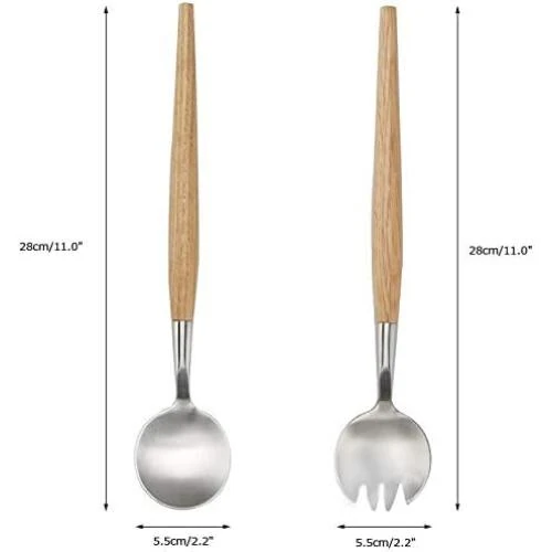 Détail de Ensemble cuillère, fourchette salade, acier inoxydable, bois