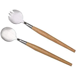 Ensemble cuillère, fourchette salade, acier inoxydable, bois