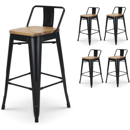 Tabourets de Bar Métal Noir Mat, Style Industriel, Dossier, Bois Clair - Vue principale