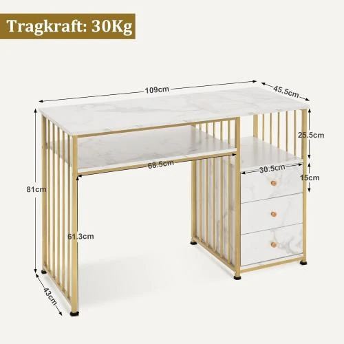Zoom sur Bureau Tiroirs, Coiffeuse Marbre Blanc Or, Table Ongles