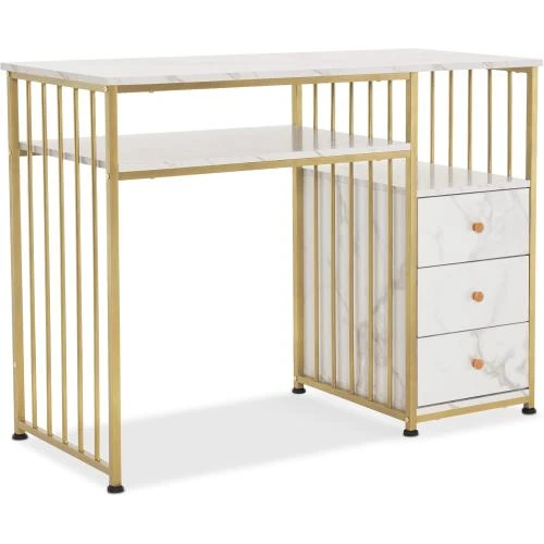 Bureau Tiroirs, Coiffeuse Marbre Blanc Or, Table Ongles - Vue principale