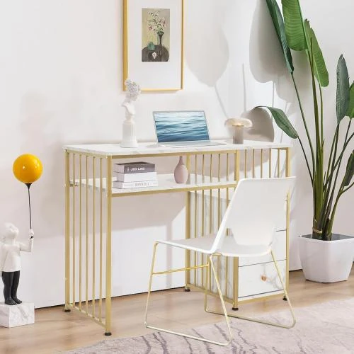 Détail de Bureau Tiroirs, Coiffeuse Marbre Blanc Or, Table Ongles