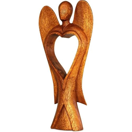 Zoom sur Sculpture abstraite bois ange amour, déco intérieure artisanale