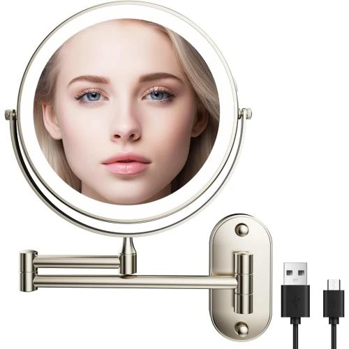 Miroir Grossissant Lumineux Mural, 360° Pivotant, USB - Vue principale