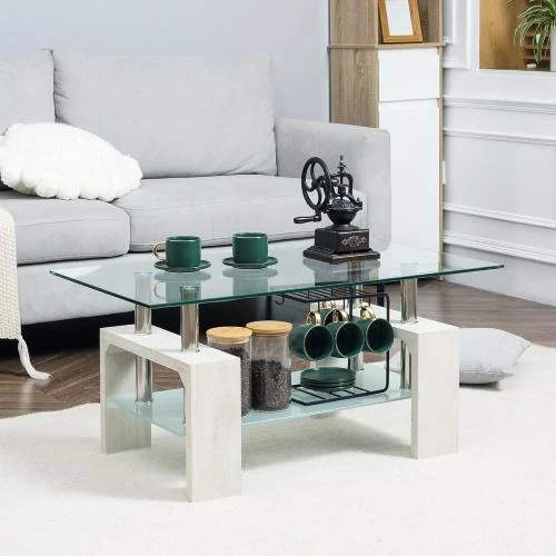 Détail de Table basse moderne, 2 niveaux, verre, bois, acier, blanc