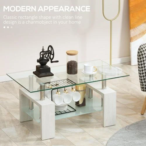 Zoom sur Table basse moderne, 2 niveaux, verre, bois, acier, blanc