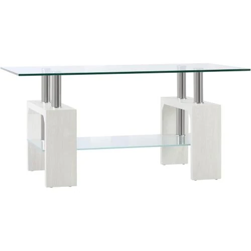 Table basse moderne, 2 niveaux, verre, bois, acier, blanc - Vue principale