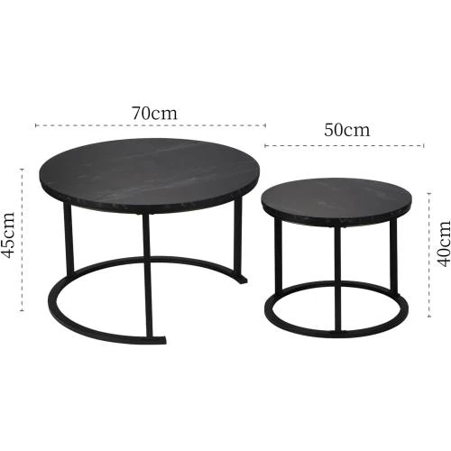 Zoom sur Tables basses rondes modernes, support métal, motif marbre