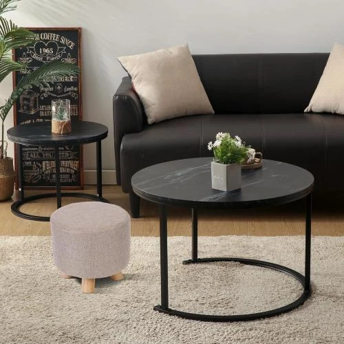 Détail de Tables basses rondes modernes, support métal, motif marbre