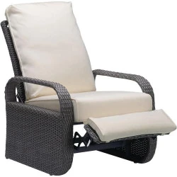 Fauteuil inclinable extérieur, résine tressée, coussins confortables