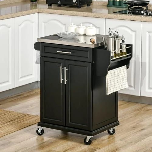 Détail de Chariot de Service Cuisine HOMCOM avec Rangement et Plateau INOX