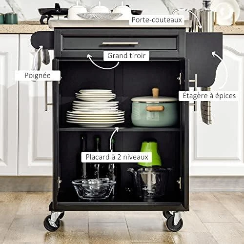 Zoom sur Chariot de Service Cuisine HOMCOM avec Rangement et Plateau INOX