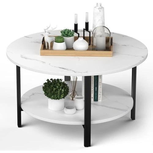 Détail de Table Basse Ronde VOWNER, Effet Marbre, Métal Doré