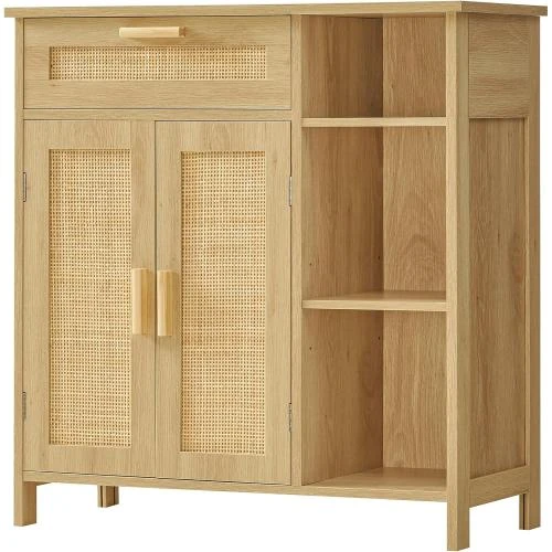 Armoire rangement WEENFON, portes rotin naturel, buffet - Vue principale