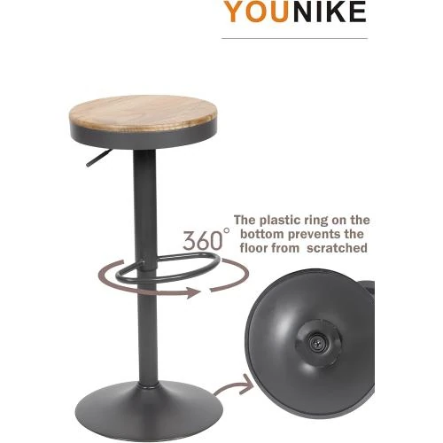 Zoom sur Tabouret de Bar YOUNIKE Bois, Hauteur Réglable, Vintage