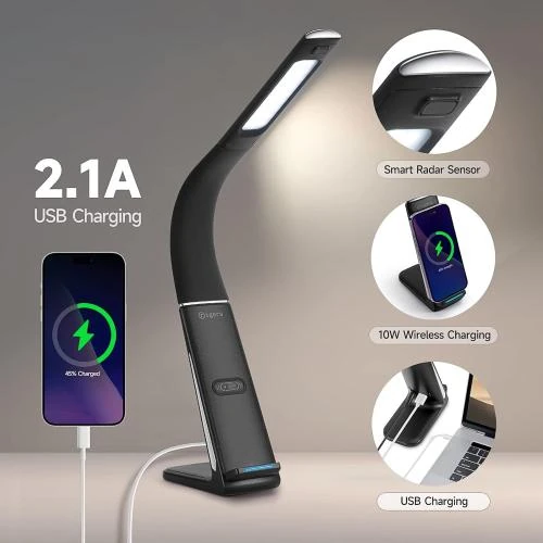 Zoom sur Lampe Bureau LED, Capteur Gestes, Charge USB, Bras Réglable