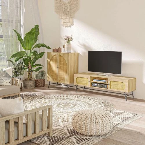 Détail de Meuble Rangement Buffet Haut Bois Cannage Design Naturel