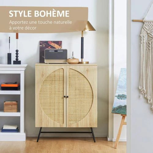 Zoom sur Meuble Rangement Buffet Haut Bois Cannage Design Naturel