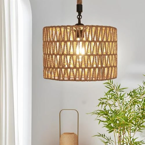 Lustre Suspension Vintage Boho, Luminaire Rotin E27 - Vue principale