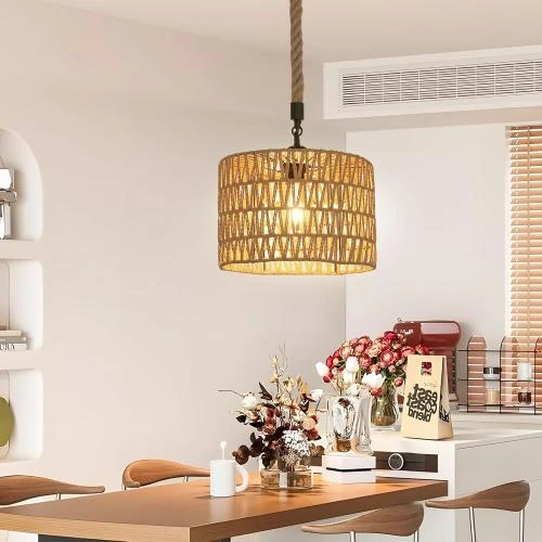 Zoom sur Lustre Suspension Vintage Boho, Luminaire Rotin E27